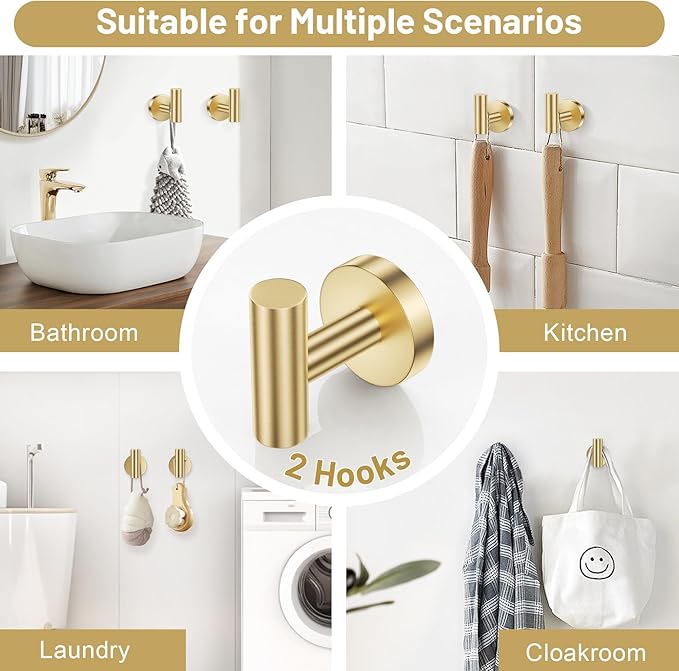 Lairuier Brushed Gold Towel Holder Set Include Double Bases Toilet Paper Holder,Towel Ring and 2 Towel Hooks Stainless Steel Wall Mounted Bathroom Hardware Accessories Set