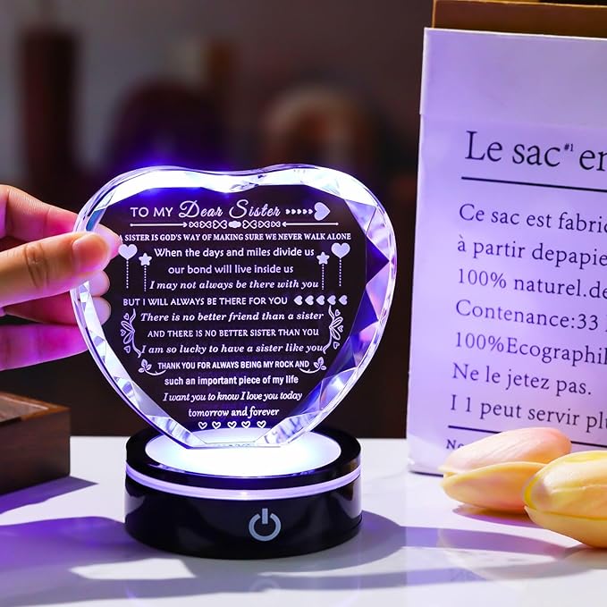 Sister Birthday Gifts Meaningful Sister Gift with Colorful LED Base from Sister Brother Heart Crystal to My Sister Present Sister Gifts for Women on Christmas Mothers Day Valentines Wedding