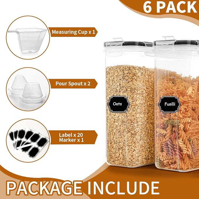 HKJ Chef Cereal Containers Storage Set (4L / 135.2oz), 6PCS Airtight Food Storage Containers with Lids, Cereal Dispensers for kitchen Pantry Organizers and Storage with Pour Spout, 20 Labels, Marker