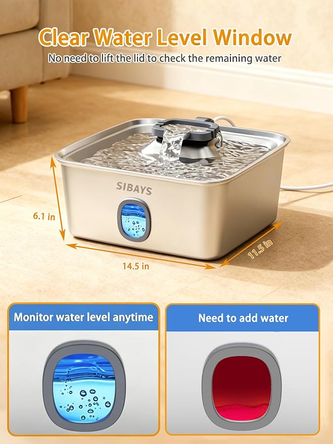 SIBAYS 4Gal/15L Large Dog Water Fountain, Stainless Steel Pet Fountain with Water Window & LED Light, Ultra Quiet Automatic Dog Water Bowl Dispenser for Large Dogs & Multi-pet, Easy to Clean FS76