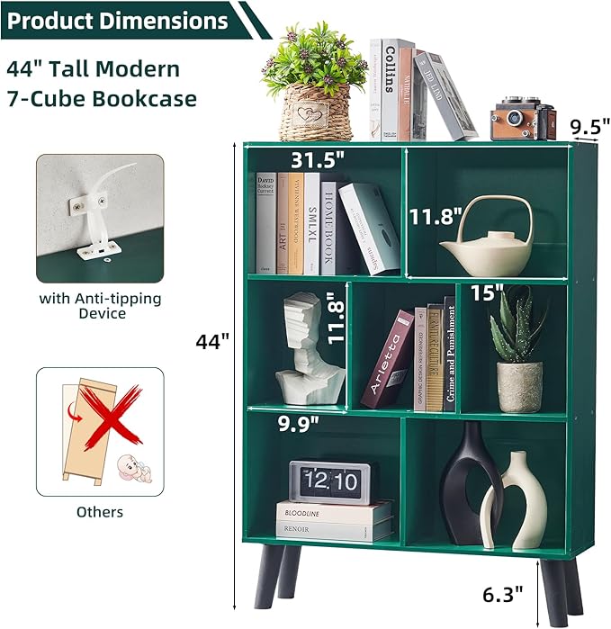 LEYAOYAO Cube Bookshelf, Mid-Century Modern Book Shelf with Legs,Dark Green | 3 Tier Bookcase, Rustic Wood Bookshelves Freestanding Small Storage Organizer, Open Shelves for Bedroom, Living Room, Office