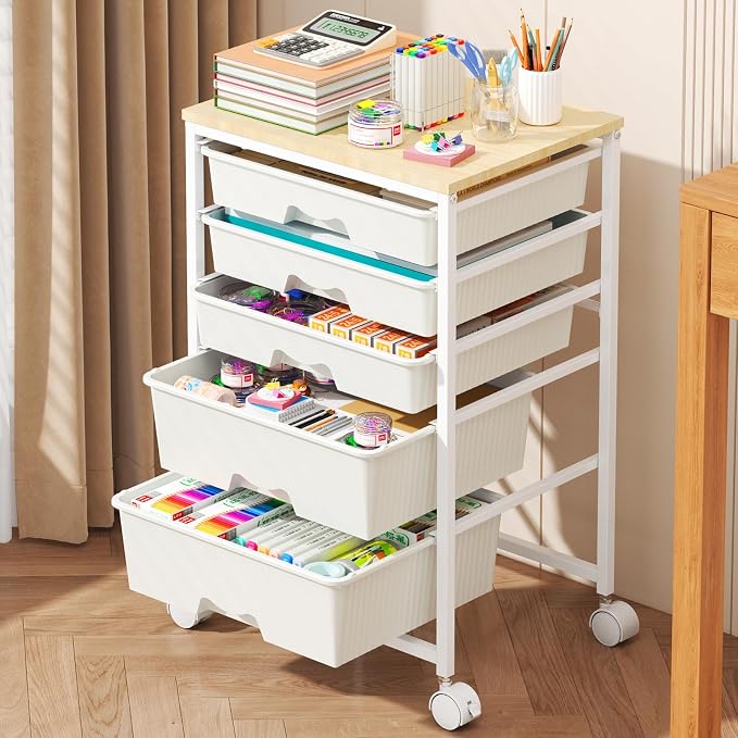 Goovilla Rolling Cart with 5 Drawers for Craft, Art, Dorm, Office, White | Utility Cart Organizer With 5 Removable Drawers and Wooden Tabletop, Lockable Rolling Storage Organizer for Classroom, Home
