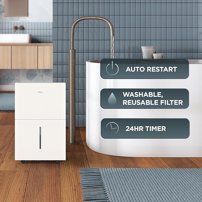 TCL 32-Pint Capacity Quiet, Energy Efficient Portable Dehumidifier, Precise Humidity Control, Bucket or Continuous Drain, Compact Humidity Absorber for Home, Attic, Garage & Rooms up to 3000 Sq Ft