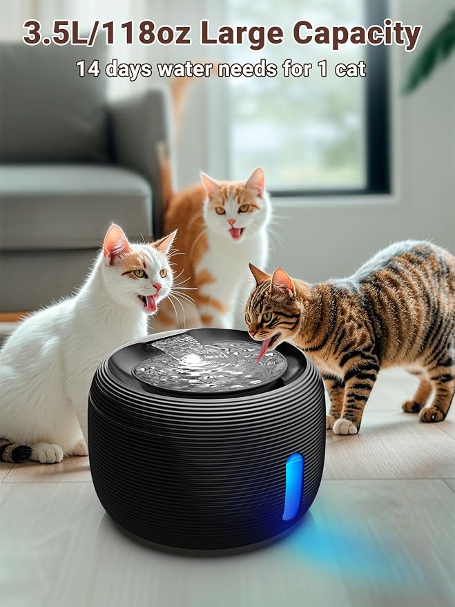 Kastty 3.5L/118oz Large Capacity Cat Water Fountain for Cats Indoor FS77 | Ultra Quiet Pet Water Fountains Water Level LED Light Multi-Filtration BPA-Free, Automatic Cat Fountain Easy Cleaning (Black)