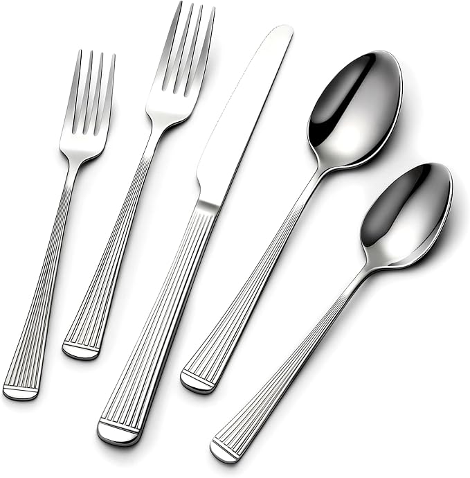 Yoehka 60-Piece Hammered Silverware Set for 12, Stainless Steel Flatware Set with Roman Column Handles, Mirror Polished Cutlery/Utensils Set for Home, Restaurant, Hotel, Dishwasher safe