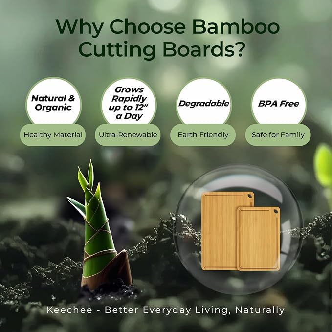 Keechee Natural Bamboo Cutting Board Set of 2, Wood Chopping Blocks | Deep juice grooves, built-in handles, versatile two piece set for meat, cheese and fruit