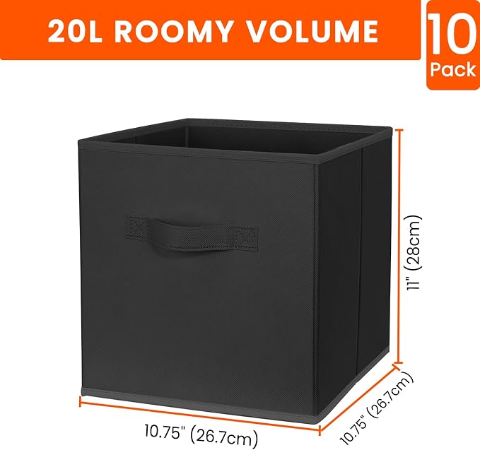 Storage Cubes, 11 Inch Clothes Storage Bins for Shelves Closet (10 Pack), Fabric Collapsible Storage Bins with Dual Handles, Cubby Storage Baskets for Magazines, Dorm Essentials (Black)