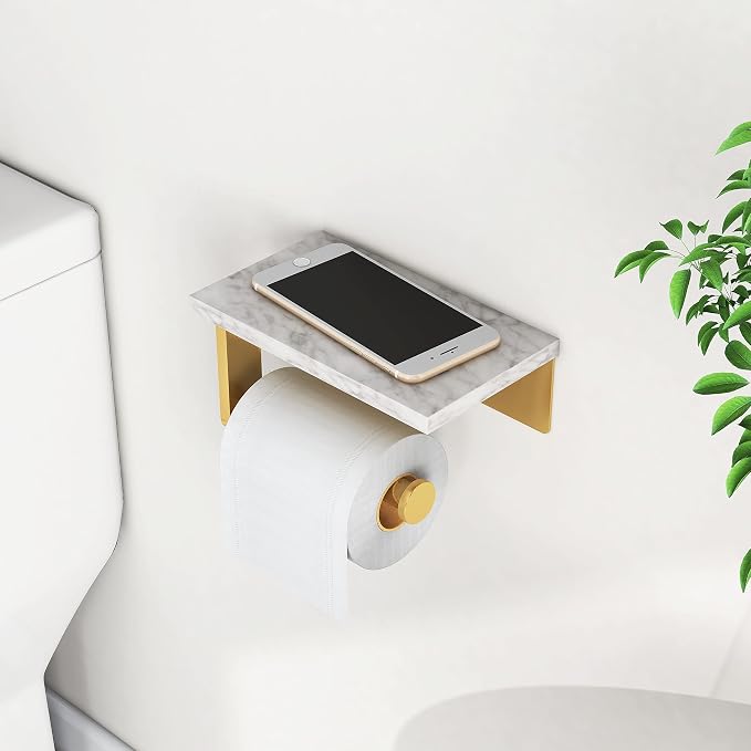 Brushed Gold Toilet Paper Holder with Natural Marble Shelf, 304 Stainless Steel Screw Wall Mounted, Tissue Roll Paper Holder Dispenser for Bathroom Washroom