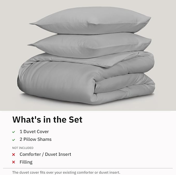 California Design Den 3 Pc Duvet Cover Set Queen Size/Full Size - Winner Good Housekeeping Best Bedding Awards 2025, 400 Thread Count Sateen, 100% Cotton, Button Closure, Corner Ties - Light Grey