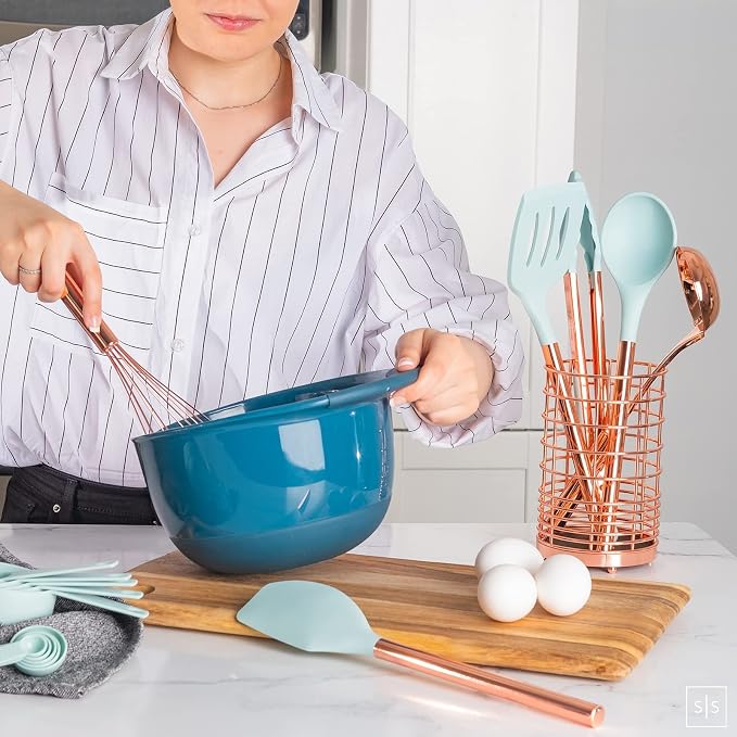 Copper and Teal Blue Kitchen Utensils - 17-Piece Set Includes Copper Utensil Holder, Measuring Cups and Spoons, and Silicone Cooking Tools - Stylish Teal Kitchen Decor and Unique Gifts for Home Cooks