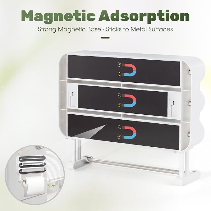 Aluminum Foil & Plastic Wrap Dispenser with Cutter - Magnetic & No-Drill Wall Mount, Cling Film Dispenser with Paper Towel Holder, Space-Saving 4-in-1 Kitchen Organizer - Fits 12" Roll, Black