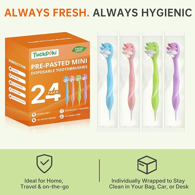 24-Pack Pre-Pasted Mini Travel Toothbrushes, Individually Wrapped Value Pack, Disposable Toothbrushes with Toothpaste, Waterless Single-Use Extra Soft Bristle for Adults, On-The-Go & Braces