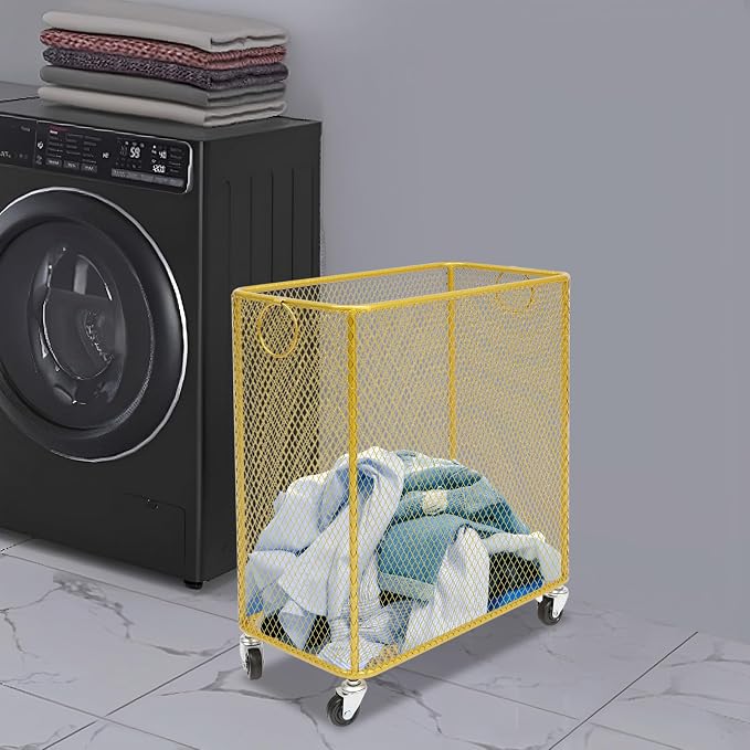 Rolling Laundry Basket with Wheels and Round Handle, Rectangular Metal Mesh Wire Laundry Hamper, Wheeled Dirty Clothes Basket, Utility Storage Cart Bathroom Organizer for Home (Gold-Rectangular)