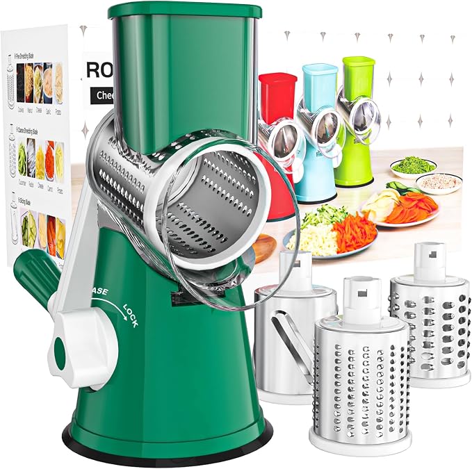 Cambom Rotary Cheese Grater Hand Crank Cheese Shredder for Fresh Cheese, Vegetable, Nuts,Non-slip Suction Base, Three Blades, Dark Green