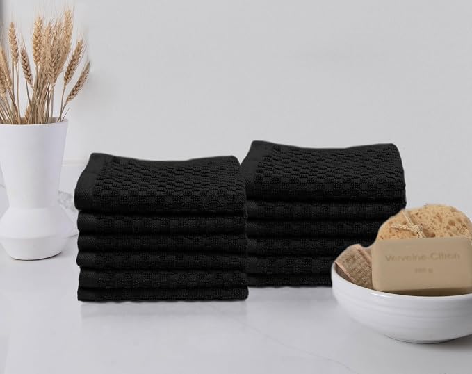COTTON CRAFT Euro Spa Waffle Wash Cloth - Set of 12 Black Washcloth | Luxury Face Towel Set - 100% Cotton - Soft Plush Absorbent Low Lint Quick Dry - Gym Shower Beach Bath Kitchen - 12x12 inches