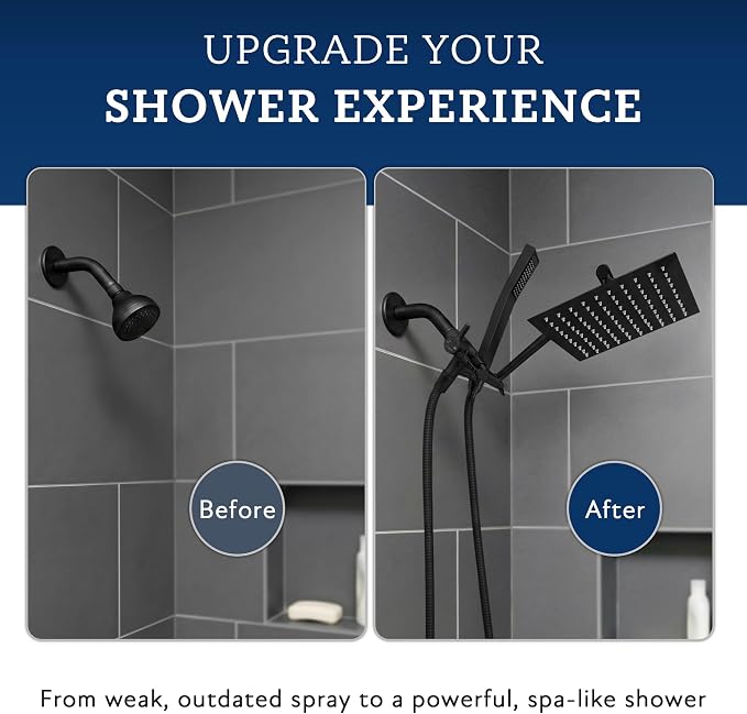 G-Promise All Metal 10" Dual Square Shower Head Combo | Rain Shower Head | Handheld Shower Wand | Adjustable | 3-Way Diverter | 71" Extra Long Hose - A Bathroom Upgrade (Matte Black)