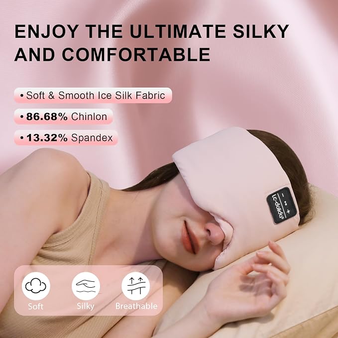 LC-dolida Bluetooth 5.4 Sleep Mask, Ice Silk Sleep Headphones for Side Sleepers, Adjustable Blackout Eye Mask with Bluetooth Headphones, Ultra-Soft Sleeping Mask for Women & Travel (Pink)