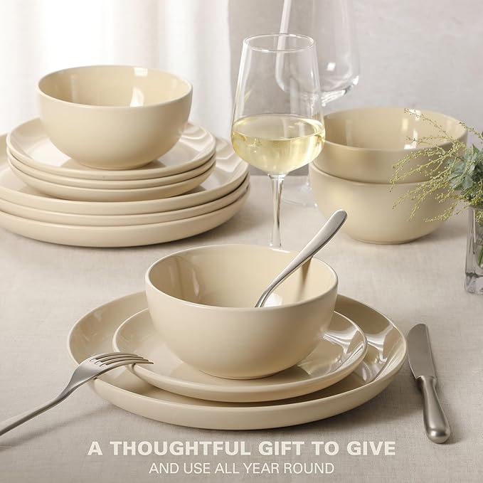 Gibson Home Rockaway 12 Piece Plates and Bowls Matte Glaze Service for 4 Dinnerware Set - Warm Cream - Dishwasher and Microwave Safe