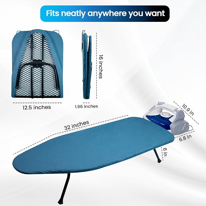 Metal Mesh Panel Tabletop Ironing Board | Foldable Iron Board | Heavy Duty Small Iron Board with Heat Resistant Cover and 100% Cotton 8mm Thicken Pad (Blue)