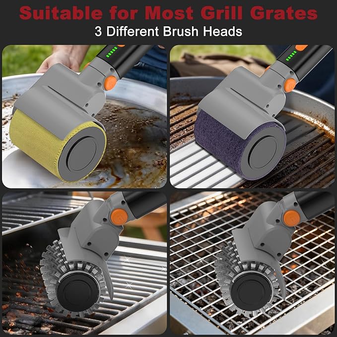 Electric Grill Brush, Rechargeable USB BBQ Grill Cleaner with 3-Speed & 3 Heads, 150+ Min Runtime, Waterproof & Heat Resistant, Cordless Rotary Grill Brush for Outdoor Barbecue Grates