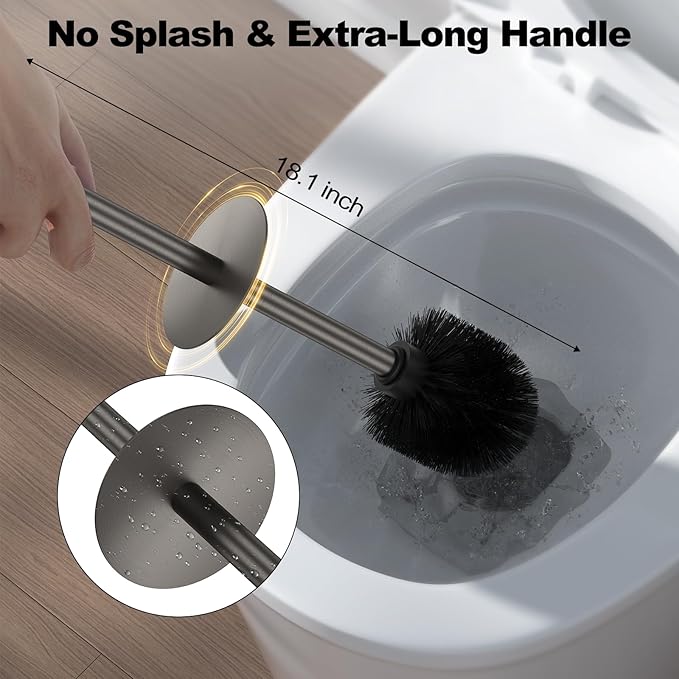 Pewter Toilet Brush and Holder Set，Stainless Steel Heavy Duty Toilet Bowl Brush，Extra Long Handled Modern Toilet Cleaner Brush with Replaceable Head, Removable Inner Bowl, and Splash Protection