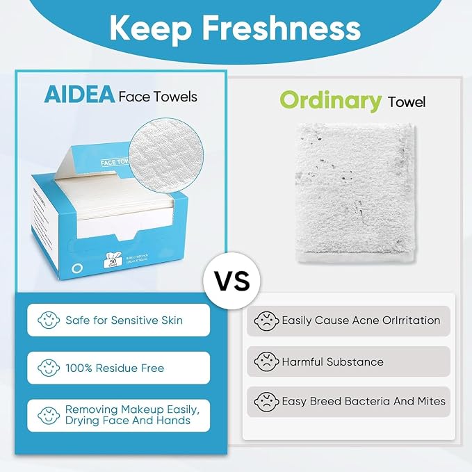 AIDEA XL Face Towels 50Ct, Disposable Towelettes Face Cloths, 9.84"×11.81" | Facial Cleansing Wipes, Face Towelettes for Makeup Removing, Nursing, Travel, Dry Wipes