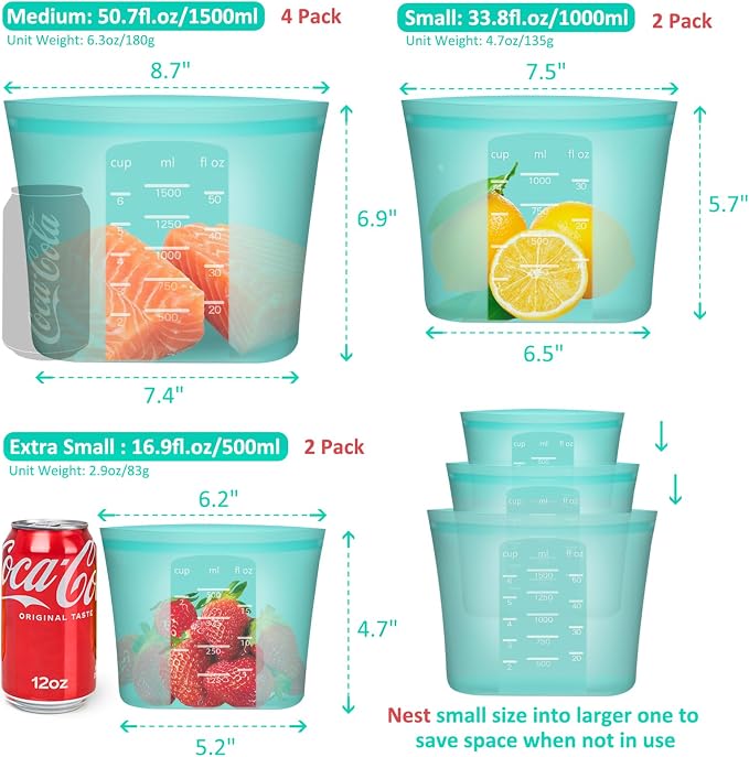 Reusable Food Bags, 8 Pack 100% Silicone Food Storage Bags Stand Up Zip Lock Container, Freezer Microwave Oven Dishwasher Safe, 4 Medium 2 Small 2 Extra Small, Aqua