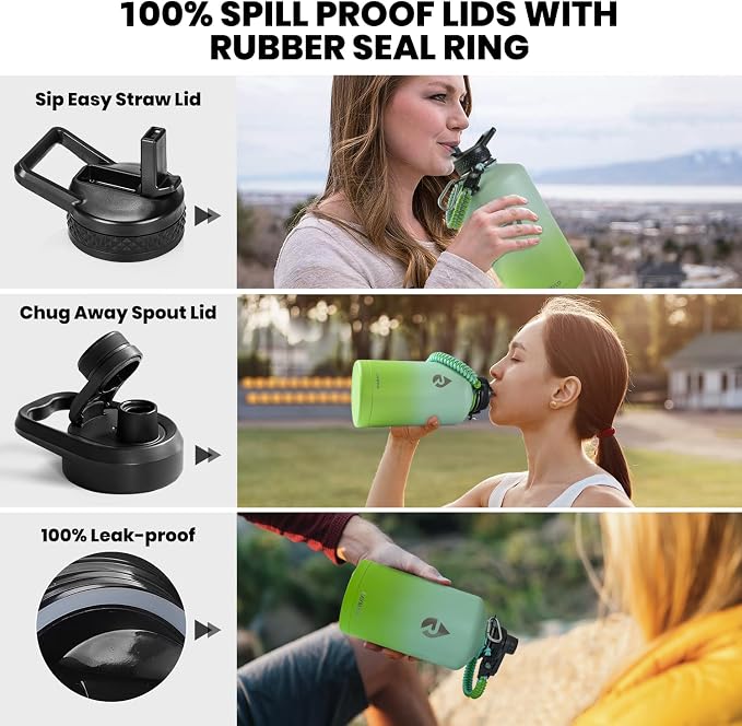RAYMYLO One Gallon Water Bottle Insulated, Triple Walled Vacuum Stainless Steel (Cold for 48 Hrs), Leak Proof & Non-BPA, Large Water Flask Jug with Paracord Handle & Straw Spout Lids