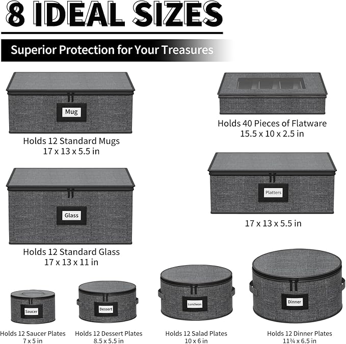 Aokeyee 8-Piece China Storage Containers Set, Hard Shell Moving Boxes for Dishes, Plates, Mugs, Wine Glass & Flatware – Dinnerware Organizer with Soft Felt Dividers, Sturdy Handles & Zippers, Grey