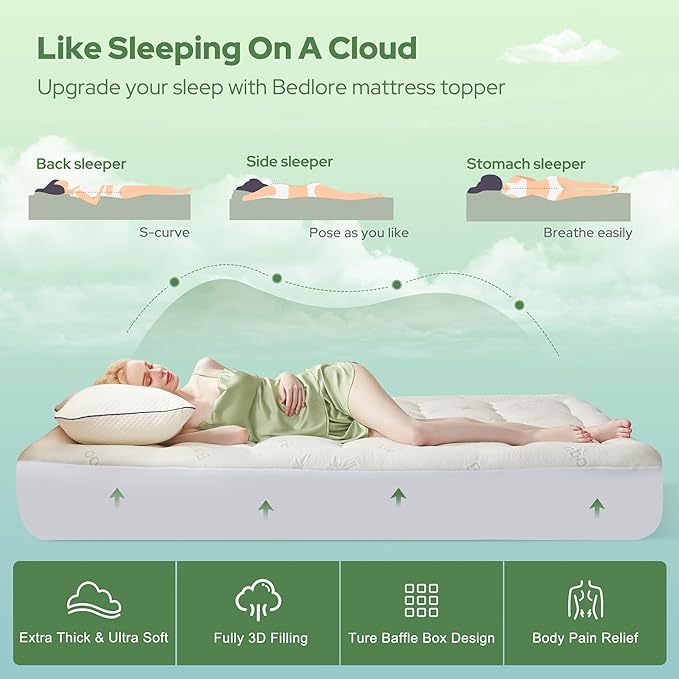 BEDLORE Twin Mattress Topper Viscose Derived from Bamboo, Thick Pillow Top Mattress Pad with Stretchable Pockets for 6-15 inches Mattress, Soft Breathable Mattress Topper for Back Pain Relief
