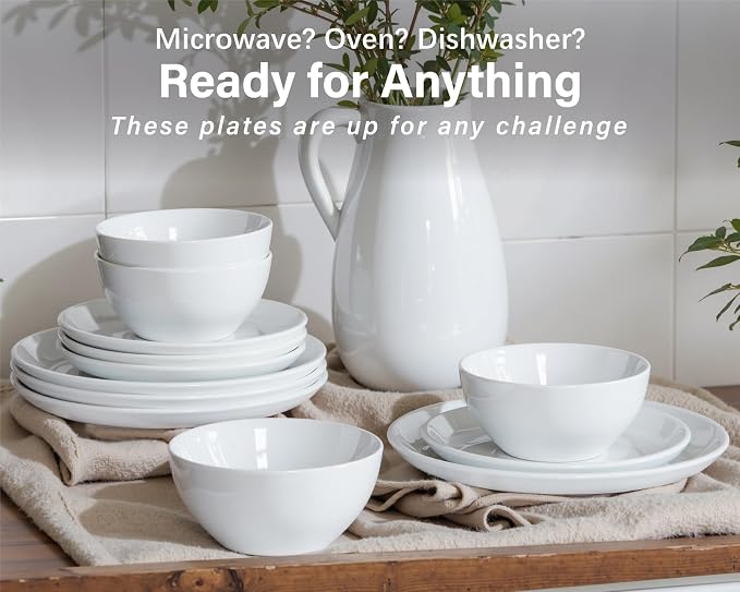 ONEMORE Plates and Bowls Set 12 Pcs,Stoneware Dinnerware Sets for 4 Microwavable,Oven & Dishwasher Safe Porcelain,Scratch Resistant Dishes Set,White