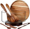 FoldTier Large Glass Salad Bowl Set, Party Salad Bowl with Acacia Wood Base and Lid as Cheese Charcuterie Board and Plate, Comes with 5 Pieces Elegant Wood Serving Utensils