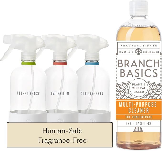 Branch Basics Cleaning Essentials Kit: All Purpose, Glass and Bathroom Cleaner - Concentrate (33.8 Oz) (24 Refills) + Refillable Glass Spray Bottles (16 Oz) Plant Based, Human-Safe, & Fragrance Free