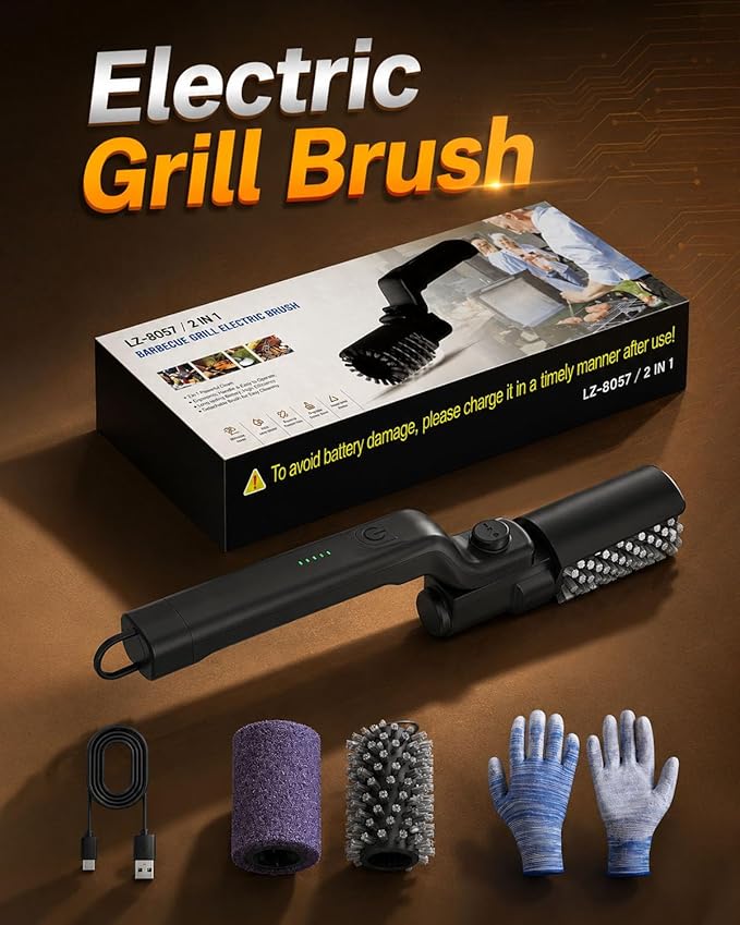 Electric Grill Brush Cordless, 3-Speed Rotary BBQ Grill Cleaner Bristle Free, 180° Adjustable, 3 Brush Heads, Rechargeable Waterproof for Outdoor Grill Cast Iron Stainless Steel
