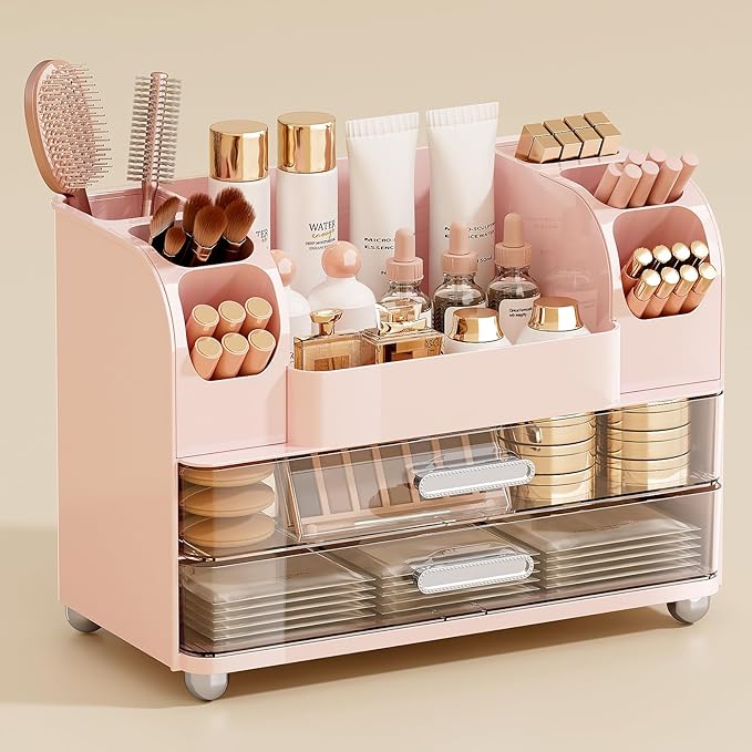 UFORU Makeup Organizer for Vanity with 2 Large Drawers, Cosmetic Display Case with Brush Holders, Easy to Storage for Bathroom Countertop Skincare, Perfume, Pink