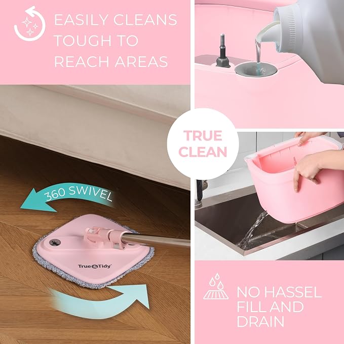 True & Tidy Square Spin Mop & Bucket System w/Machine Washable Pads, Rose