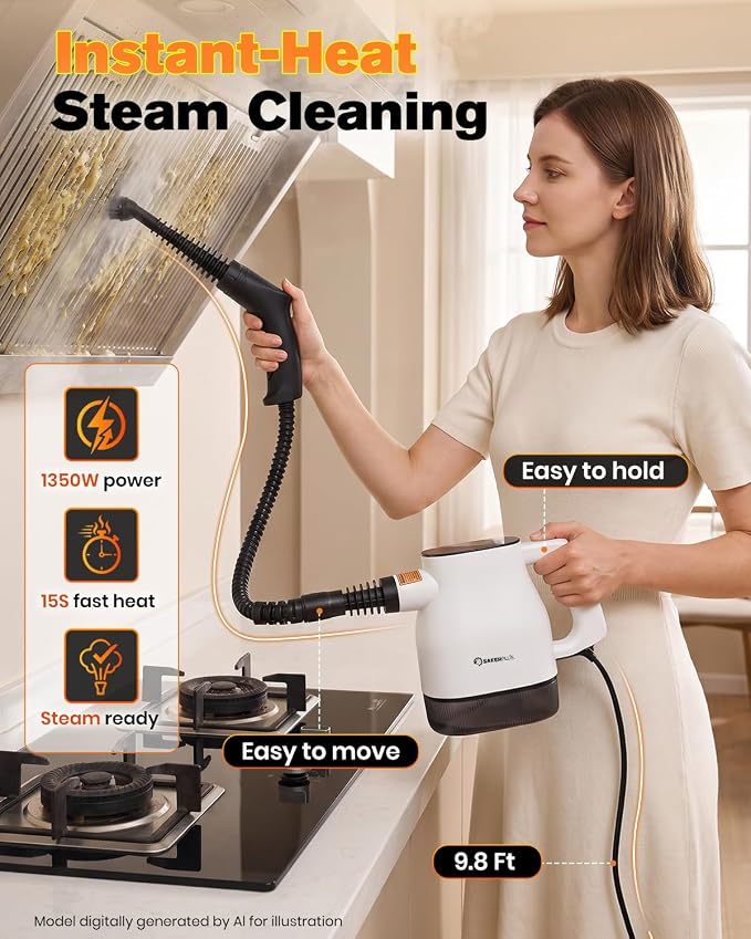 Sakerplus EverSteam Instant-Heat Steam Cleaner, 15 Sec Fast Heat-up | Dual steam modes and a 400 mL tank with 10 accessories and 5 microfiber cloths for kitchens, bathrooms and cars