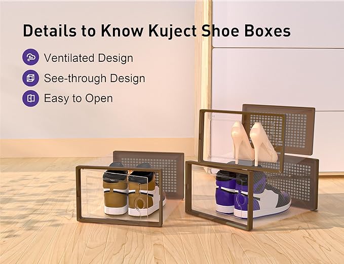 Kuject X-Large Shoe Storage Boxes Organizers for Closet 12 Pack, Fit Size 11,Clear Plastic Stackable Sneaker Containers for Entryway, Space Saving Shoe Rack, Brown
