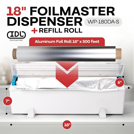 IDL Packaging WP-180DA 18" FoilMaster Dispenser with 18" x 500' Aluminum Foil Roll - NEW Press-Cutter with Sharp Serrated Blade - 10X Longer Service Life with Durable Plastic Body