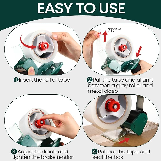 Dunzoom 2 Pack Packing Tape Dispenser Gun with 12 Roll Packing Tape 2 Inch Gun 2.7 Mil Heavy Duty Packaging for Shipping, Moving, Carton and Box Sealing (Green)