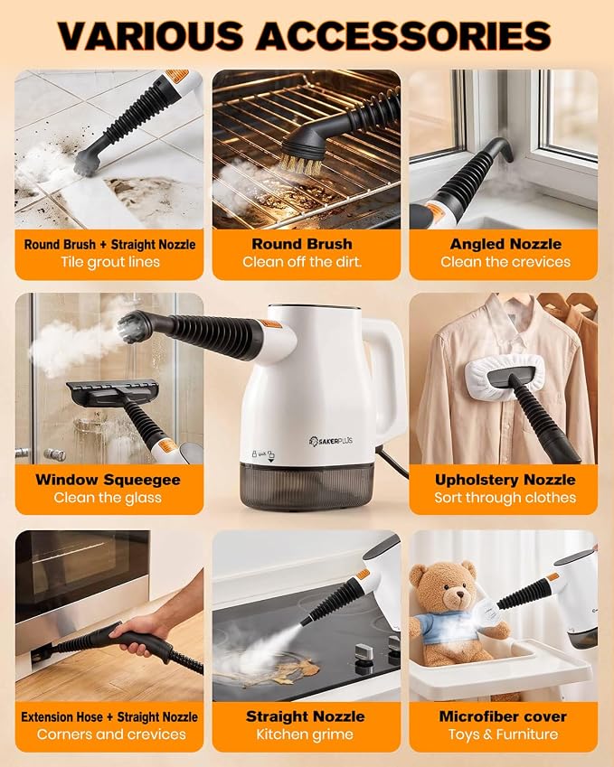 Sakerplus EverSteam Instant-Heat Steam Cleaner,15s Fast Heat-up | Dual steam modes and a 400 mL tank with floor mop attachment and 12 microfiber cloths for kitchens, bathrooms and cars