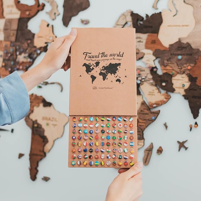 Enjoy The Wood 3D Wooden World Map Wall Art - Large Travel Map with Pins for Art Decor - Decorative Map of the World for Home, Office - Travel Wall Art Housewarming Gift Idea (Flags Push Pins, Pins)