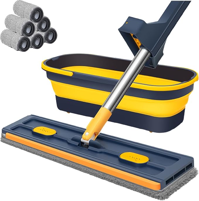 2025 New Large Flat Mop with 6 Reusable Mop Head Dry and Wet, Flat Mop and Bucket Set, Adjustable Handle Self Wringing Flat Mops, 360 Rotation Flat Mop (Blue with 6pcs Mop Head)