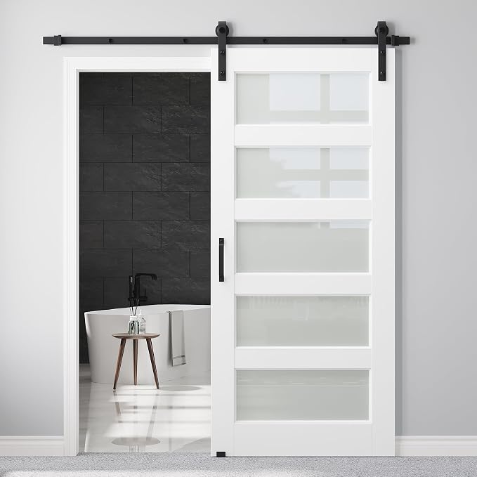 32" x 80" Pre-Assembled Sliding Barn Doors and 6FT Sliding Door Hardware Kit Included & Handle, 5-Lites Frosted Glass Barn Door for Closet Bathroom Bedroom, Solid & Water-Resistant MDF, Paintable