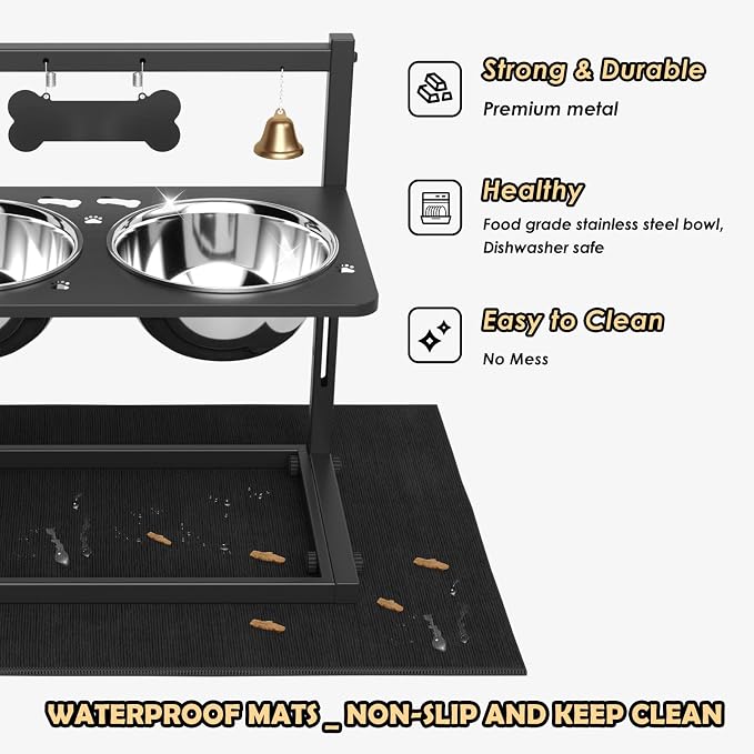 Elevated Dog Bowls with Slow Feeder and Spill Proof Mat, Adjustable Height 4.3-11.8'', Two 1.7L Stainless Steel Food & Water Bowls, Metal Raised Dog Bowl Stand, for Large Medium Breeds