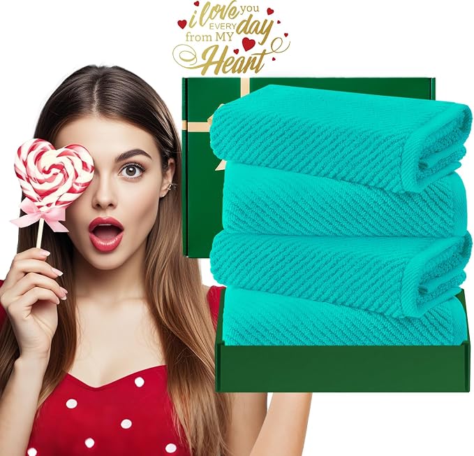 VOOVA & MOVAS Bathroom Hand Towels 4PC, 100% Cotton, 18x28 in, Turquoise | Quick Dry, Thick, Soft, Absorption, Luxury Hand Towels For Showering, Bathroom, Hotel, Spa