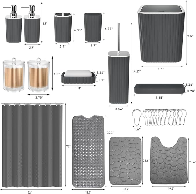 XLHOMO 26PC Bathroom Accessories Set - Gorgeous Grey Bathroom Set, Bathroom Accessory Set, Shower Curtain Set with Bathtub Mats for Shower Tub, Trash Can & Soap Dispenser