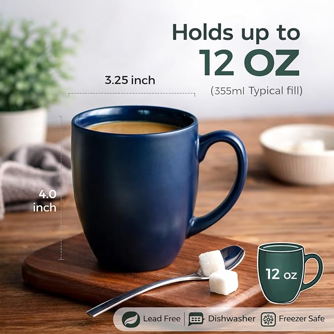 AmorArc 12oz Coffee Mugs Set of 6, Large Ceramic Coffee Mugs for Men, Women, Dad, Mom, Modern Coffee Cups With Handle For Tea,Latte,Cappuccino,Cocoa. Dishwasher&Microwave Safe, Matte Blue
