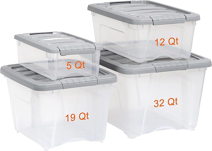 Amazon Basics Plastic Storage Containers with Secure Latching Lids, Stackable Organization Bins, Clear/Grey, 32 Quart, Set of 6
