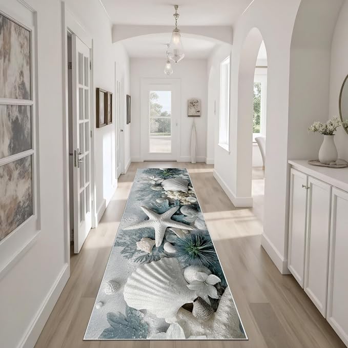 Starfish Seashell Runners Rug for Hallway 2x6 - Seaside Coastal Runner Rug, Soft Non Slip Washable Long Rugs, Ocean Themed Carpet Runner for Hallways Kitchen Corridor Entryway